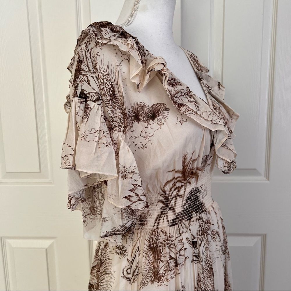 SANDRO Natural Marro Ruffled Printed Gauze Midi Dress EU 36 US S MSRP $245 - Picture 8 of 12